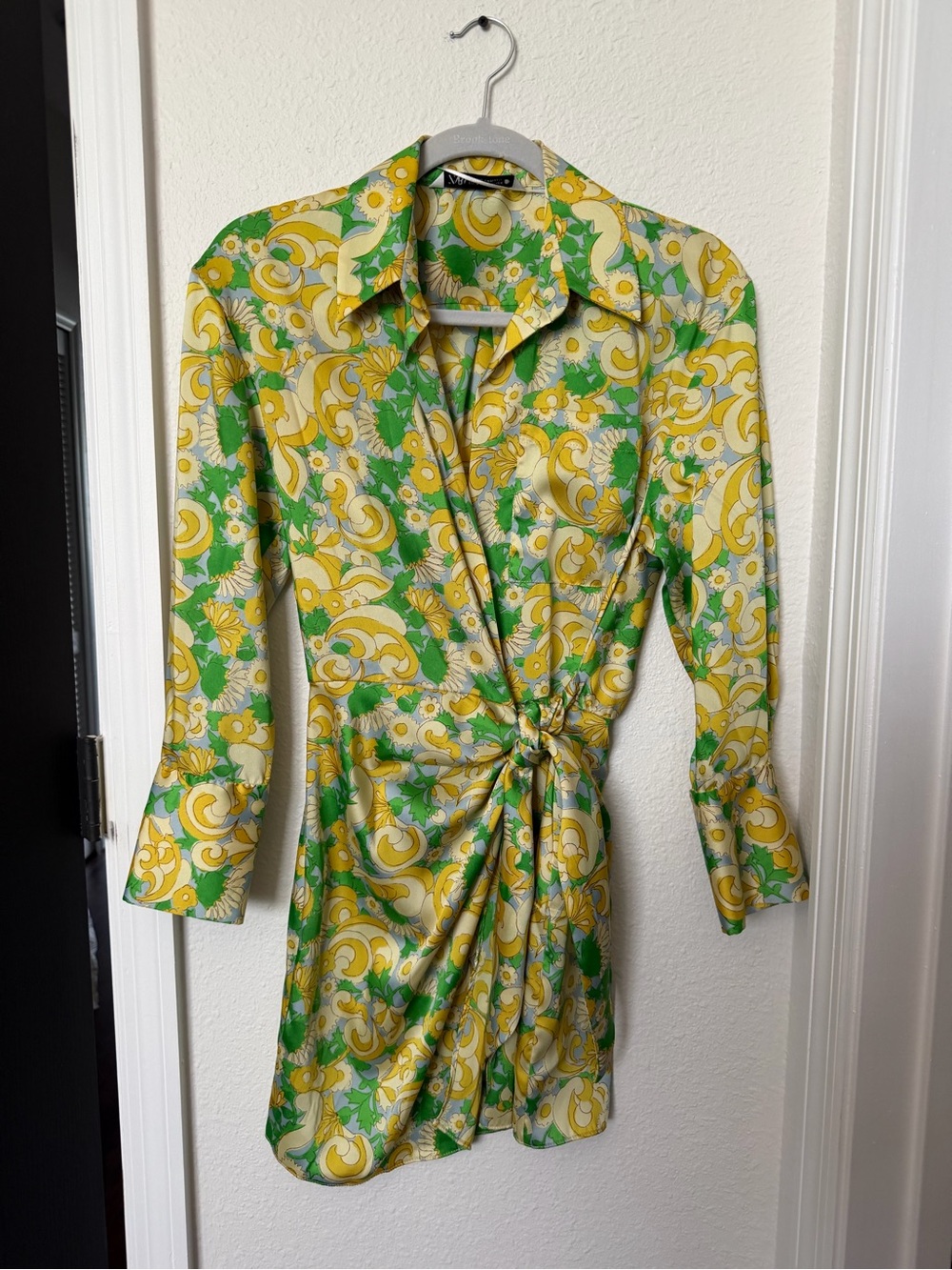 Zara Green and Yellow Knot-Front Shirt Dress